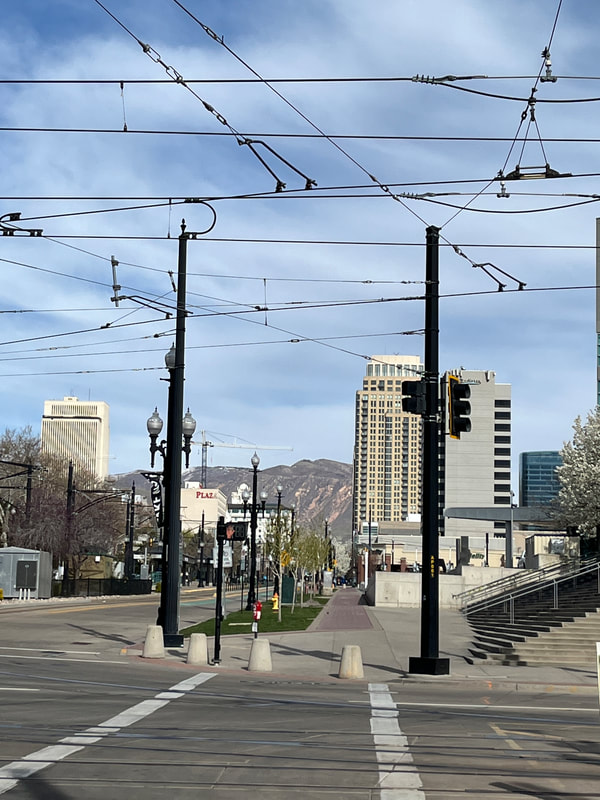 A cityscape with telephone poles and wires in the foreground, buildings in the middle, and mountains in the background.