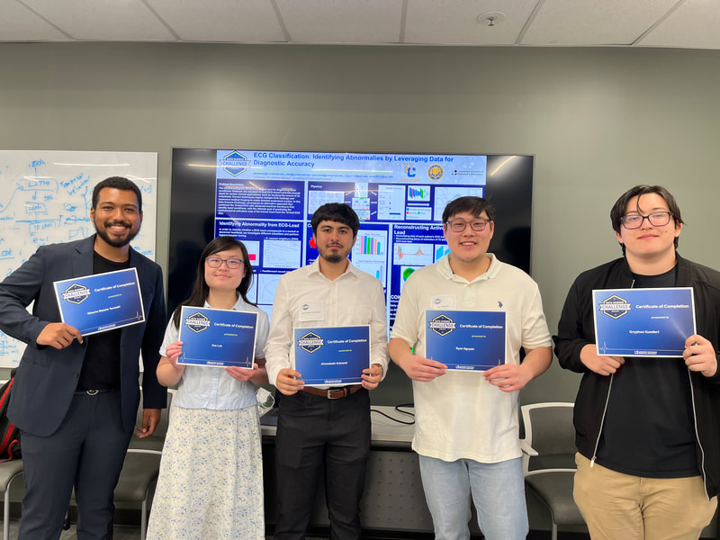 Five people stand in front of a TV monitor displaying an academic poster. They are each holding a certificate in hand.