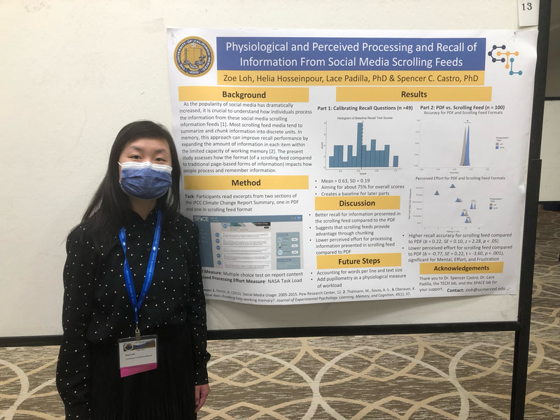 A woman with dark hair and a dark blue mask is standing in front of an academic poster. She is wearing a lanyard with a name badge.