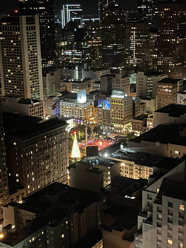Cityscape at night with bright lights and a large Christmas tree that is brightly lit.